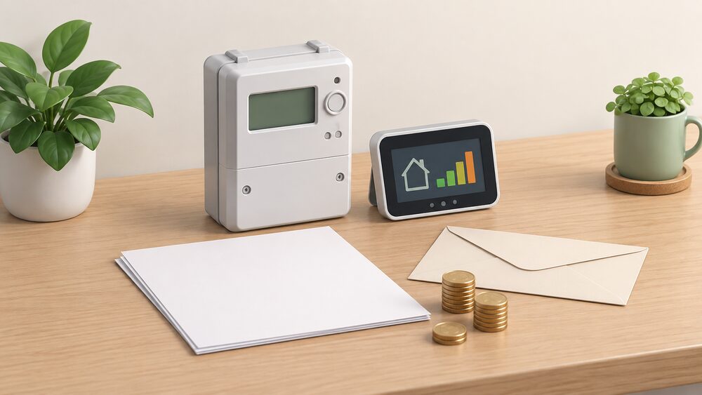 A small model of a smart electricity meter with its in-home display beside it sits on a table next to blank paperwork, a plain envelope and a short stack of coins, suggesting automatic compensation after a smart meter problem.