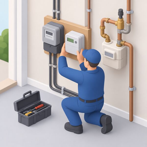 A trained installer in plain work clothing, shown as a simplified isometric figure, fits a smart meter beside the home's existing electricity meter while visually inspecting the nearby gas supply and wiring during the installation visit.