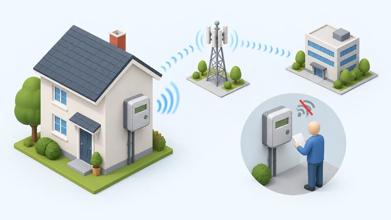 A simplified diagram of a house wall with an electricity smart meter sending a radio-wave signal via the Data Communications Company network to a supplier, shown as a plain building icon, with a small figure reading a second meter whose communications function is disabled.