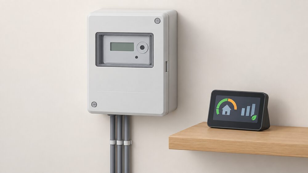 A close-up of a smart electricity meter in its box mounted on an interior wall, with its cover intact and a small in-home display unit standing nearby on a shelf, nothing else in the frame.