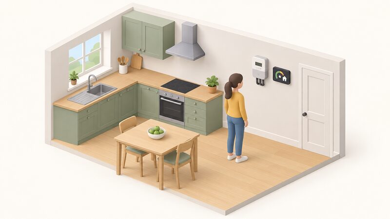 A small isometric kitchen scene showing a smart meter and an in-home display mounted side by side on the kitchen wall, with a simplified figure glancing at the display, and no other devices shown.