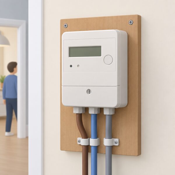 A domestic electricity smart meter mounted on an interior wall or meter board in a home, shown as a fitted unit with its display and connections, with no wide-area network link indicated, illustrating a meter installed but working in traditional mode.