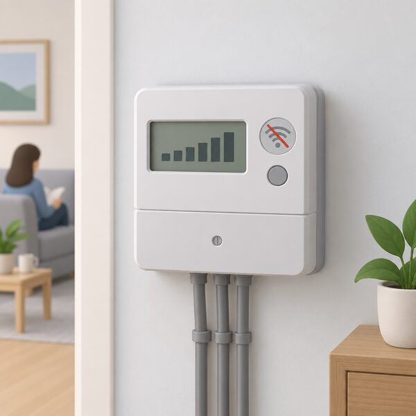 A smart electricity meter on a wall with its wireless communications switched off, shown by a blank signal indicator, while its display still records local consumption and no data travels outward toward the supplier.