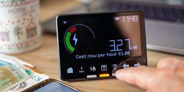 A smart meter in-home display on a table showing 3.27 kW usage and cost per hour of £1.00, with a finger pressing its buttons