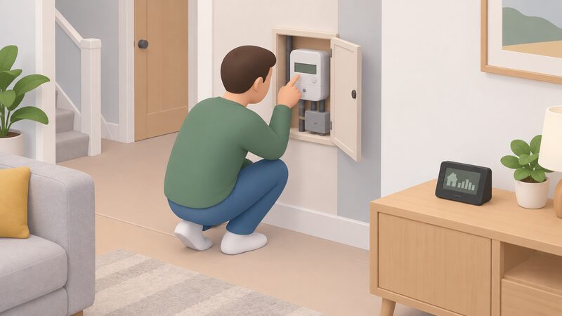 A householder crouching at an indoor electricity meter reading the display directly, while the in-home display elsewhere in the room shows a stale, unchanged reading, illustrating that manual readings come from the meter itself until smart mode is restored.