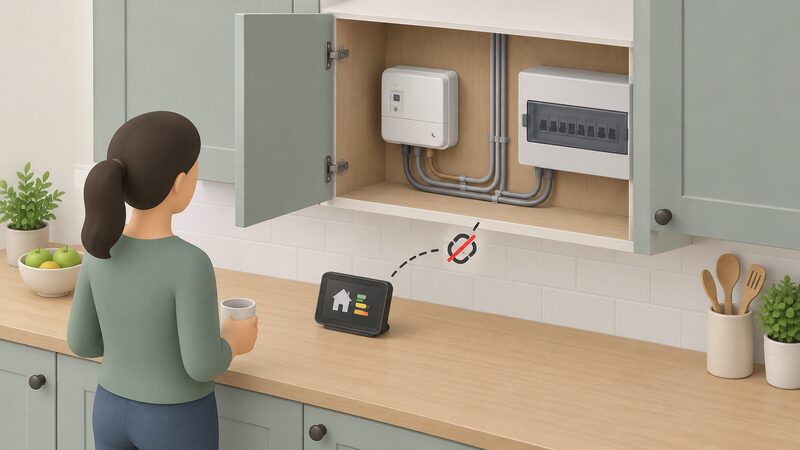 A small isometric view of an open kitchen cupboard with a smart electricity meter mounted inside, its wires running to the consumer unit, and an in-home display standing on the kitchen worktop beside the cupboard with a faint broken-link symbol between them.