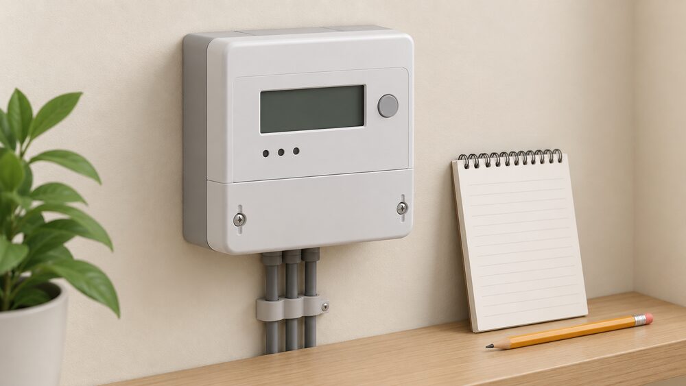 A close-up of a single domestic smart electricity meter mounted on an indoor wall, its digital display dark and uncommunicative, with a blank notepad and pencil resting beside it for taking manual readings.