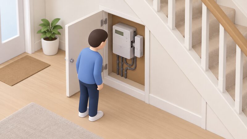 An open under-stairs meter cupboard showing a first-generation electricity meter with its detachable communications module pulled partly out and visible, a simplified isometric figure inspecting it, with no network connection indicated.