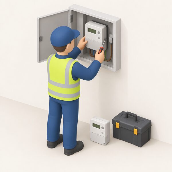 A simplified installer figure stands at a wall-mounted electricity meter box, one panel open, changing the single meter unit with a screwdriver, the supply switched off, tools and the new meter ready nearby.