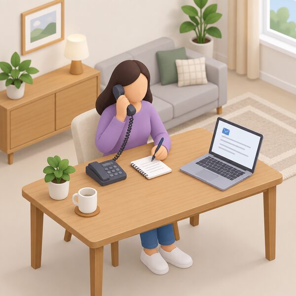 A simplified isometric figure sits at a table in a home living room holding a telephone handset to their ear, booking a smart meter appointment, with a notepad and pen beside them and a plain confirmation email shown as a blank-lined screen on a nearby laptop.