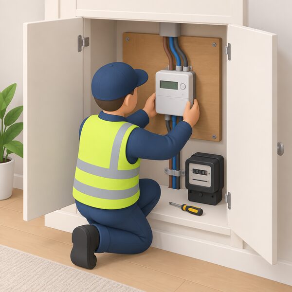 An installer fitting a smart electricity meter inside a household cupboard, in the same spot as the removed analogue meter, with the meter wired to the incoming mains electricity supply cables entering the home.