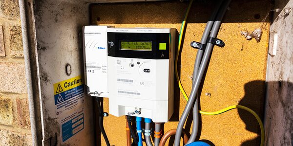 A Landis+Gyr smart electricity meter with a communications hub installed in an outdoor meter box with cabling