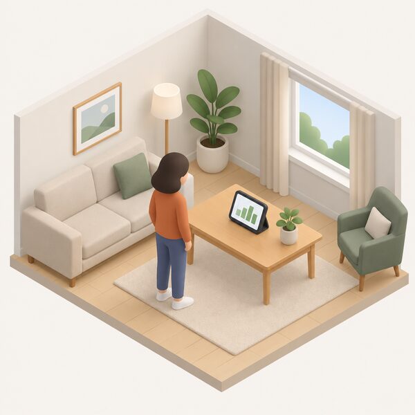 A small isometric figure stands beside a table in a home living room on which an in-home display screen shows a simple bar graph of current household energy use, with no other equipment visible.