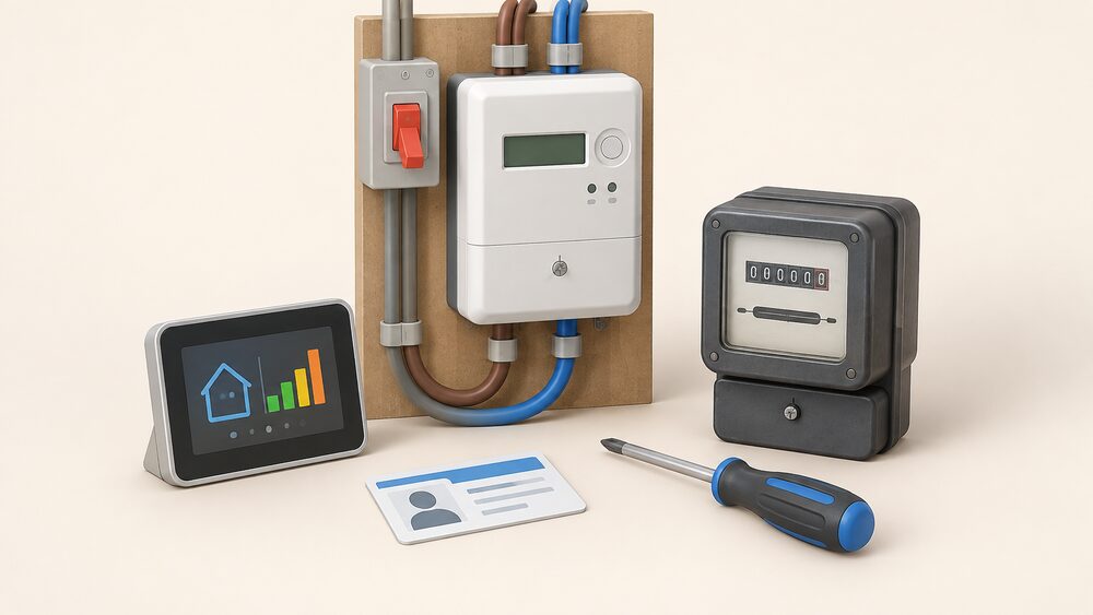 A close-up of a smart electricity meter being fitted in the existing meter position, with the removed old meter set beside it, the supply isolated, and an installer's screwdriver and identity card resting nearby.
