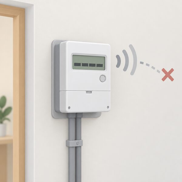 A single smart electricity meter mounted on an interior wall, its small display showing only blank line blocks, with a faint broken signal path fading away from it to suggest readings are not reaching the energy supplier.