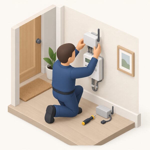 An engineer in plain work clothing, shown as a simplified isometric figure, kneels beside a wall-mounted electricity meter inside a home, unclipping the old 2G/3G communications hub fitted above the meter and fitting a new 4G-capable communications hub in its place, with a screwdriver and the removed old hub set nearby.