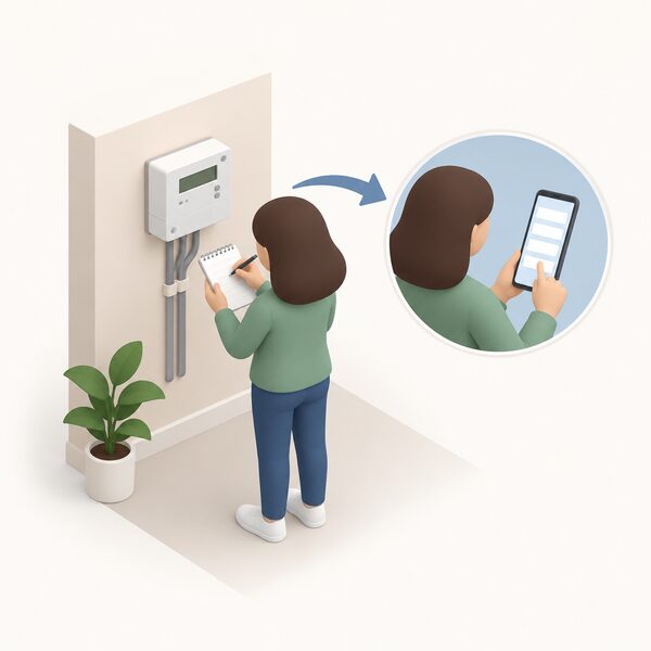 A simplified householder standing at an indoor electricity meter writing the reading on a notepad, then holding a mobile phone whose screen shows only blank entry lines as they submit the reading to their supplier.