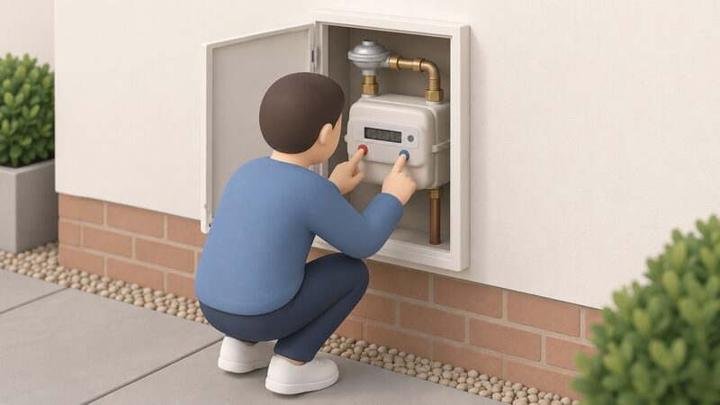 A householder crouches at a wall-mounted gas smart meter, pressing the A and B buttons beside the meter's register display to take a manual reading, with the meter's blank or unlit communication indicator suggesting the smart link is down.