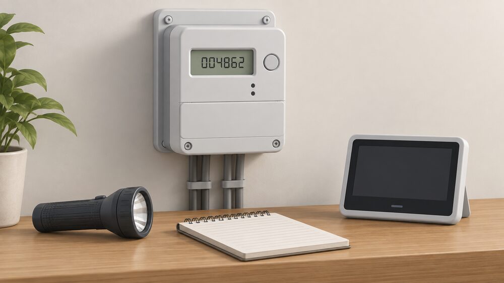 A close-up of a wall-mounted smart electricity meter with its register showing a reading, a torch and notepad beside it for taking a manual reading, and a frozen in-home display sitting nearby on the same surface.