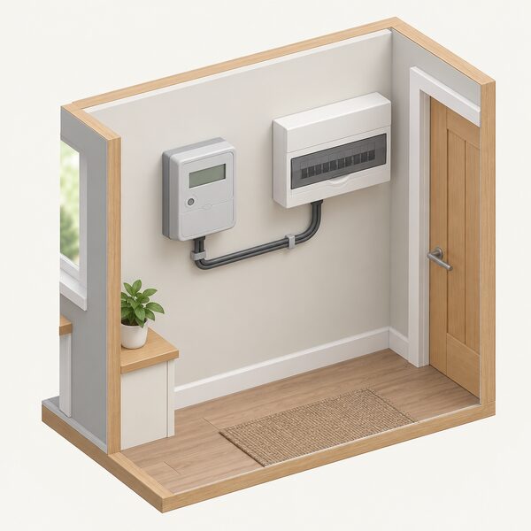 A wall-mounted smart electricity meter box in a home, shown in a simple cutaway interior with its supply cable running to the consumer unit, drawn as a plain grey unit with a small blank display and no readable figures.