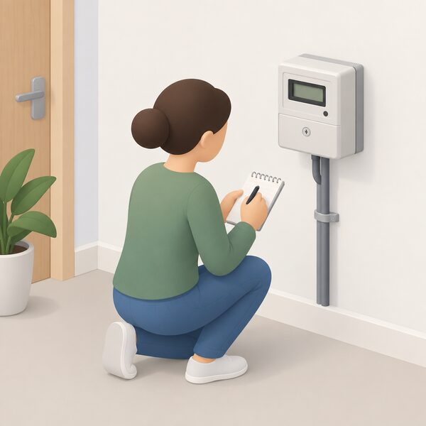 A person kneeling beside a domestic electricity meter on an interior wall, writing the figures from its display onto a notepad, showing the monthly manual reading a household without a smart meter submits.