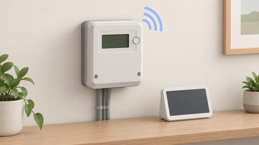 A close-up of a smart electricity meter mounted on an indoor wall, with its separate in-home display resting nearby showing a blank screen, and a small radio signal arc rising from the meter to suggest readings being sent automatically.
