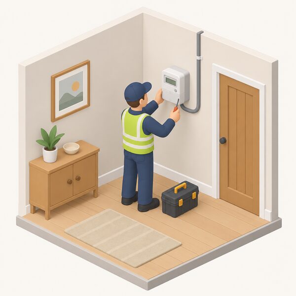 A small isometric figure of an installer fitting a smart electricity meter on an interior wall of a home, the meter box mounted at chest height with a cable running from it, shown as a simple completed installation scene inside a domestic room.