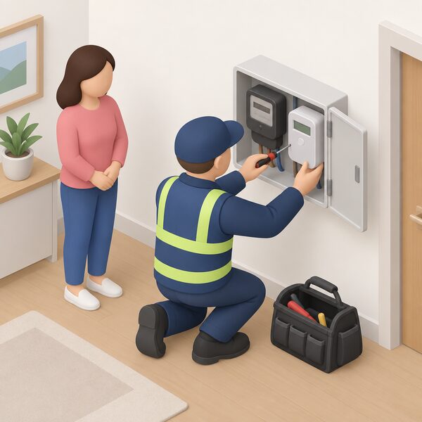 A simplified isometric installer kneeling at an internal electricity meter box on a wall, swapping an old meter for a smart meter with a screwdriver and open toolbag, while a plain-clothed householder stands nearby watching the free at-home installation visit.