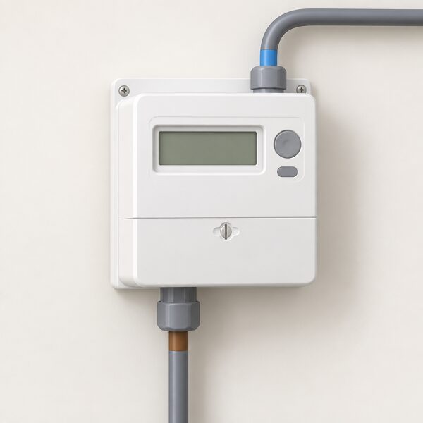 A standard domestic electricity meter of the type fitted in homes across the four nations, shown mounted on an interior wall in its plain white plastic enclosure with the incoming supply cable entering from below and the outgoing cable leaving towards the consumer unit, with no map or national symbols.
