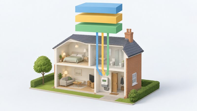 A simplified cutaway house with a smart meter at the meter point, beneath a vertical stack of three plain layered slabs labelled only by blank colour bands, the top slab for statute, the middle for licence conditions and the bottom for the industry code, with plain arrows running down from each layer to the meter.