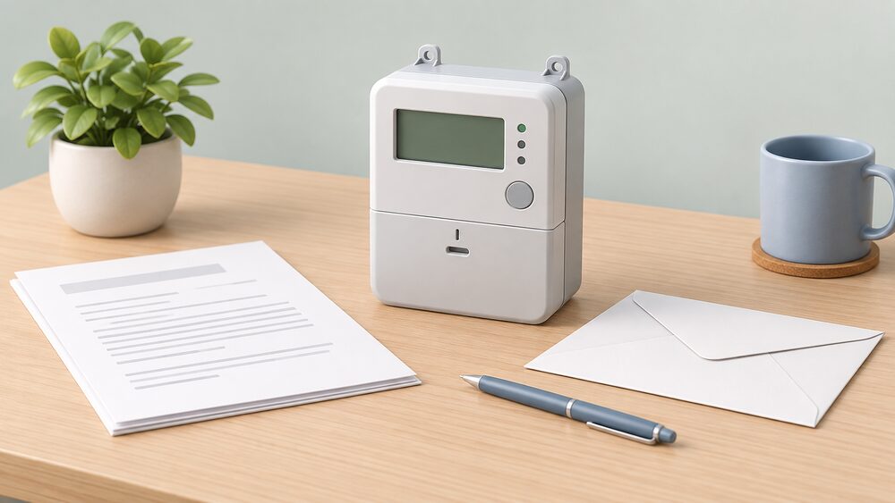 A small model of a wall-mounted electricity smart meter with its digital display stands on a table beside blank official paperwork, a sealed envelope and a pen, suggesting a supplier's offer letter about a meter installation.