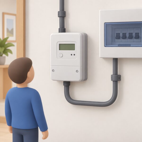 A domestic smart electricity meter mounted on an interior home wall, shown in a simple cutaway with its incoming supply cable and outgoing cable to the consumer unit, drawn as a neat wall-mounted unit with a small display face.