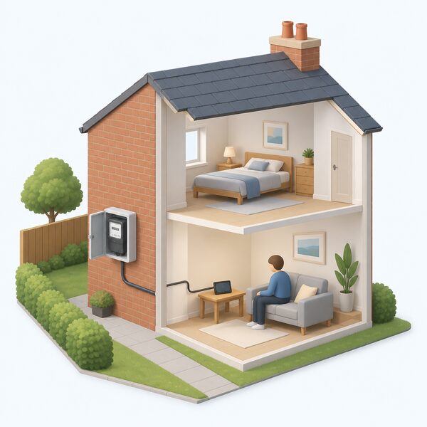 A simple cutaway view of a small UK house with a smart electricity meter mounted in an external meter box on the outside wall, connected by a cable into the house, with a plain in-home display unit sitting on a table inside.