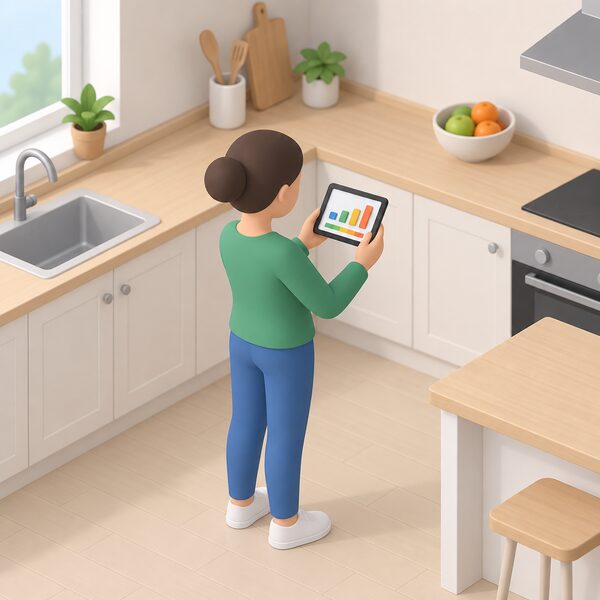A small isometric figure standing in a home kitchen looking at a smart meter in-home display held at eye level, its screen showing plain colour bands and simple bar blocks representing energy usage, with no readable words or numbers.