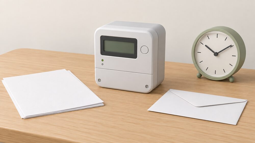 A small model of a wall-mounted smart electricity meter with its digital display face stands on a table beside blank paperwork, a plain envelope and a round-faced clock, arranged as the moment a household is offered a new meter.