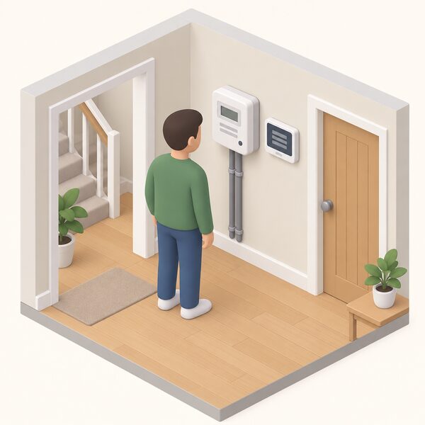 A small isometric figure of a householder standing beside a smart electricity meter mounted on an inside wall of a home, with the meter's display showing only plain blank line blocks, showing the device on which the savings figures are based.