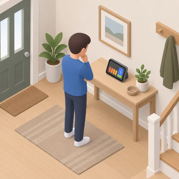 A small isometric figure stands in a home hallway looking at an in-home display on a shelf, its screen showing plain colour bands and a simple bar making gas consumption and its cost visible, with no readable words or numbers.