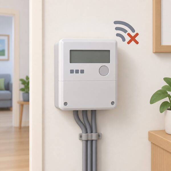 A wall-mounted smart electricity meter shown with a plain blank display and a broken signal, its communications link lost so it sits in dumb mode, with no in-home display connected and no automatic readings being sent.