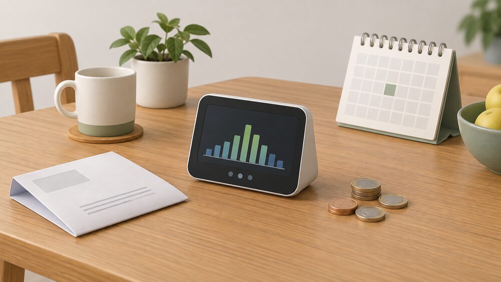 A small in-home display showing usage stands on a kitchen table beside a folded energy bill, a few coins and a wall calendar, suggesting a household weighing what the meter's information is worth.