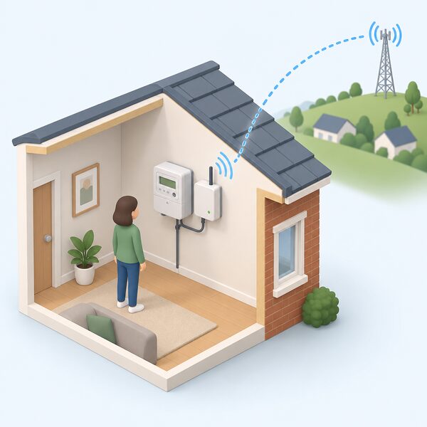 A cutaway interior wall view showing a smart meter with a communications hub fitted beside it, a small isometric figure nearby, and a signal path travelling from the hub out of the home to a distant mobile or radio mast representing the wide area network.