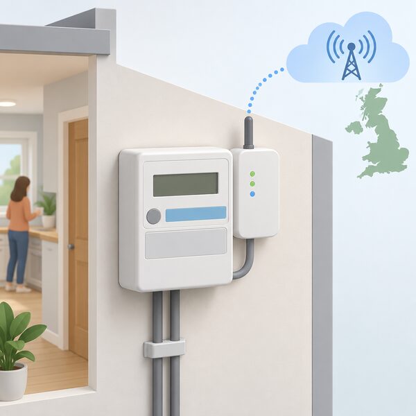 A second generation smart electricity meter mounted on an interior wall, with its comms hub beside it and a simplified signal path rising to a plain stylised national network symbol, drawn as a clean cutaway product view with no readable markings.