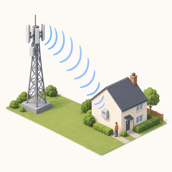 A tall mobile phone mast on open ground with its antennas at the top, radio signals shown as simple arcs travelling from it down toward a small house with a smart meter on an outside wall, illustrating the wide area network that carries meter readings.