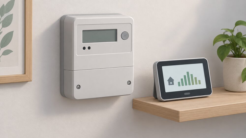 A close-up of a closed domestic smart electricity meter mounted on an interior wall, with its blank display face and sealed terminal cover intact, and a separate portable in-home display unit standing on a small shelf beside it, both unmarked and connected by nothing visible.