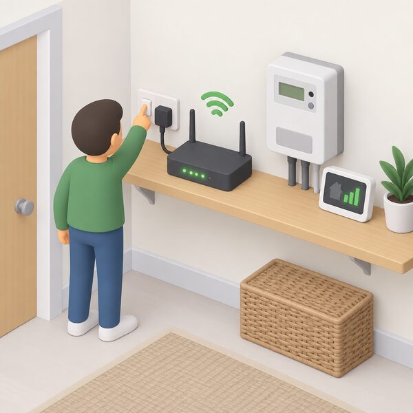 A small isometric figure switches a wifi router back on at a wall socket so its indicator lights come on again, with the router sitting on a shelf beside the home's smart metering equipment as the connection re-establishes after the installation visit.