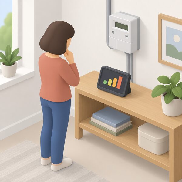 A small isometric indoor scene showing an in-home display on a table or shelf, its screen showing simple colour bands and bars of household energy use, standing near the electricity smart meter it works with, with a simplified figure glancing at the display.