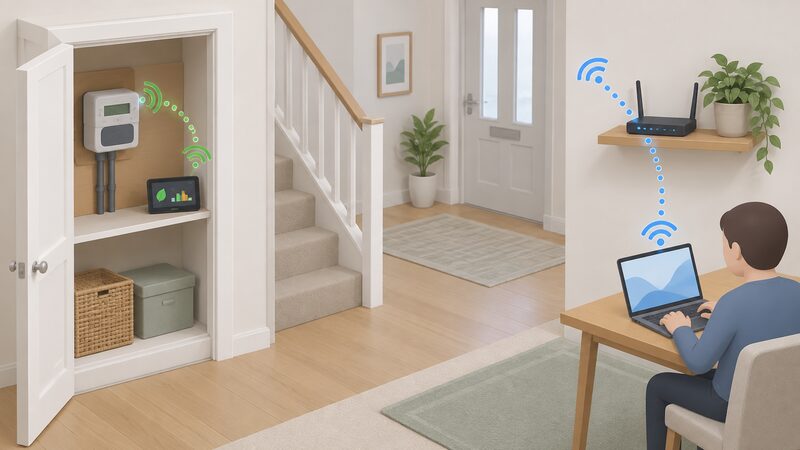 A hallway cupboard containing a wall-mounted smart meter with a wireless signal path to an in-home display, while a broadband router on a nearby shelf sends its own separate wireless signal to a laptop, the two signal paths shown as distinct and never touching.