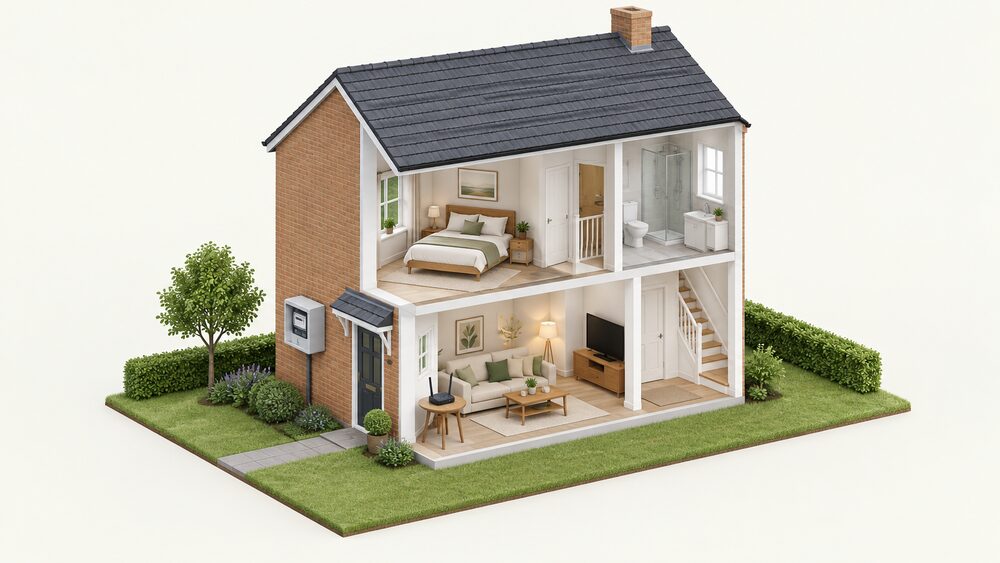 A cutaway house showing a smart electricity meter in the external meter box on the outside wall and a Wi-Fi router on a table in a living room, with a clear gap between them showing the two are entirely separate and unconnected.