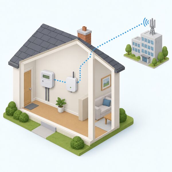 A simplified isometric view of a smart electricity meter mounted on an inside wall of a home, with a signal path shown as a plain dotted line travelling from the meter through a communications hub and out of the house towards a distant supplier building, no people present.
