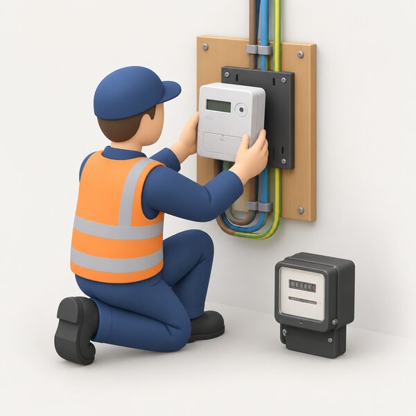 An installer kneels beside a domestic electricity meter panel, lifting out an old analogue meter while fitting a new smart meter in its place on the mounting board, with the removed old meter set aside and connecting cables visible between the two units.
