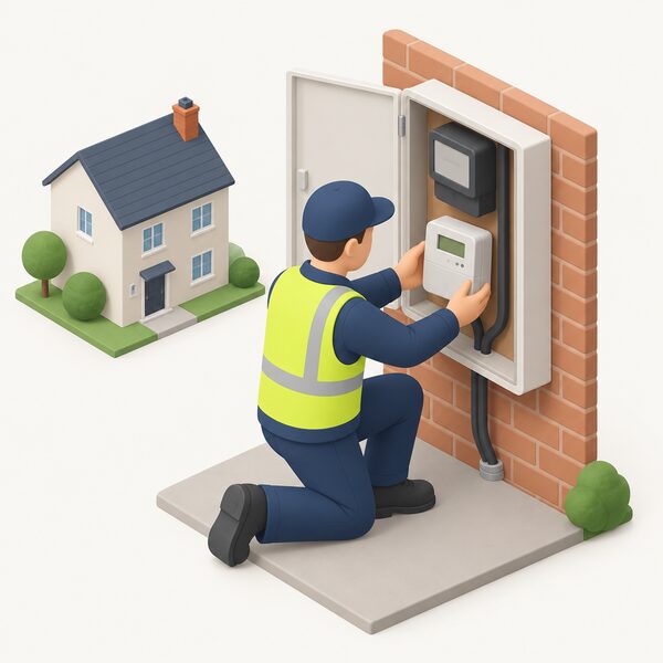 A supplier engineer in plain work clothing kneels beside a domestic electricity meter box, fitting a new smart meter where the old meter was, with the household's incoming supply cable and a small simplified isometric house figure nearby.
